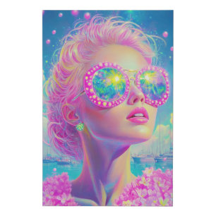 Glamorous Neon Woman with Sparkling Glasses Faux Canvas Print