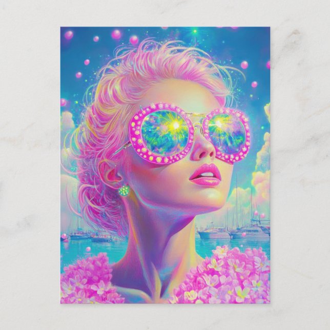 Glamorous Neon Woman with Sparkling Glasses Postcard (Front)