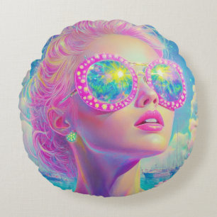 Glamorous Neon Woman with Sparkling Glasses Round Pillow