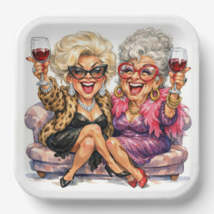 Glamorous Old Ladies With Red Wine Paper Plates
