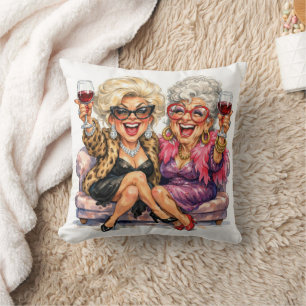 Glamorous Old Ladies With Red Wine Throw Pillow