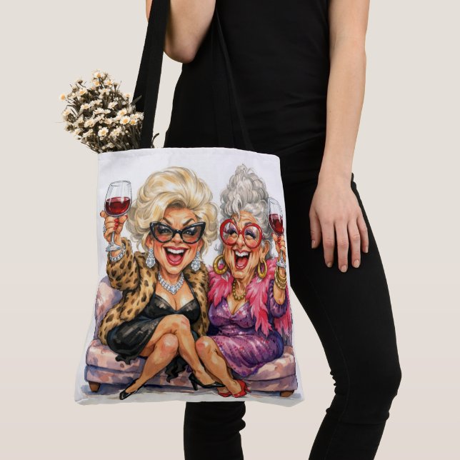 Glamorous Old Ladies With Red Wine Tote Bag (Close Up)