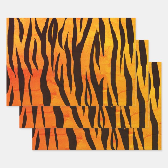 Glamorous Orange Black Yellow Ombre Tiger Print Wrapping Paper Sheets (Set)