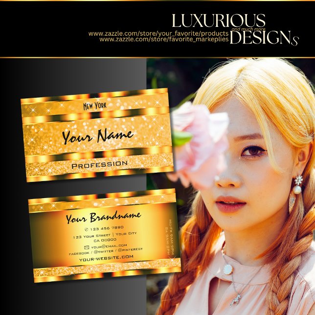 Glamorous Orange Sparkle Glitter Stars Stylish Business Card (Creator Uploaded)