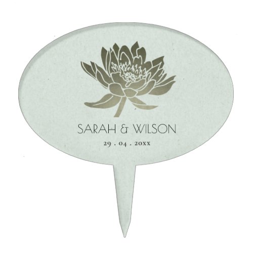 GLAMOROUS PALE BLUE SILVER LOTUS FLORAL MONOGRAM CAKE TOPPER