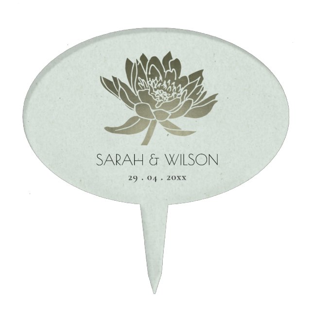 GLAMOROUS PALE BLUE SILVER LOTUS FLORAL MONOGRAM CAKE TOPPER (Front)