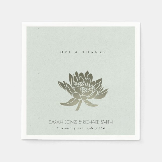 GLAMOROUS PALE BLUE SILVER LOTUS FLORAL  MONOGRAM NAPKINS (Front)