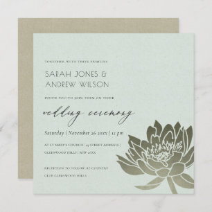 GLAMOROUS PALE BLUE SILVER LOTUS FLORAL WEDDING INVITATION