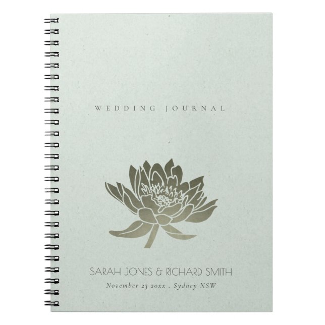 GLAMOROUS PALE BLUE SILVER LOTUS FLORAL WEDDING NOTEBOOK (Front)