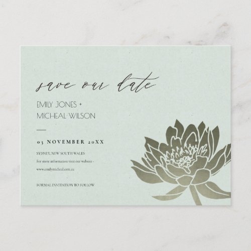 GLAMOROUS PALE BLUE SILVER LOTUS SAVE THE DATE ANNOUNCEMENT POSTCARD