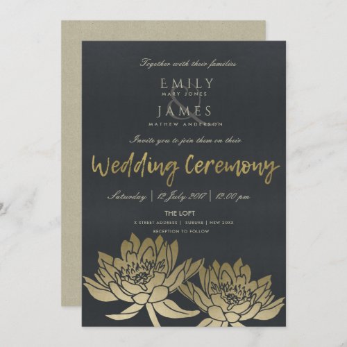 GLAMOROUS PALE GOLD BLACK LOTUS FLORAL WEDDING INVITATION