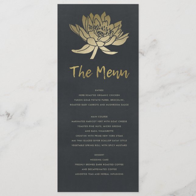 GLAMOROUS PALE GOLD BLUE BLACK LOTUS FLORAL MENU (Front)
