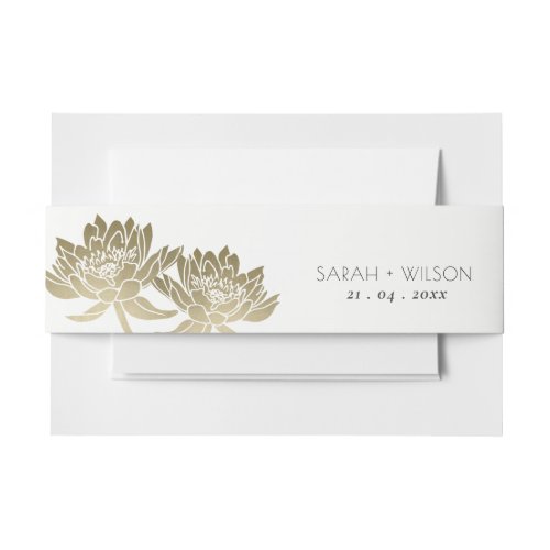 GLAMOROUS PALE GOLD WHITE LOTUS FLORAL MONOGRAM INVITATION BELLY BAND