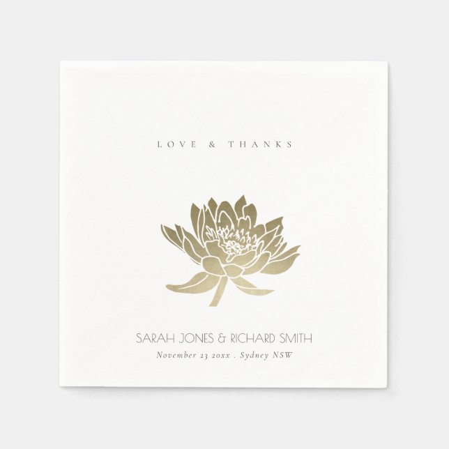 GLAMOROUS PALE GOLD WHITE LOTUS FLORAL  MONOGRAM PAPER NAPKINS (Front)
