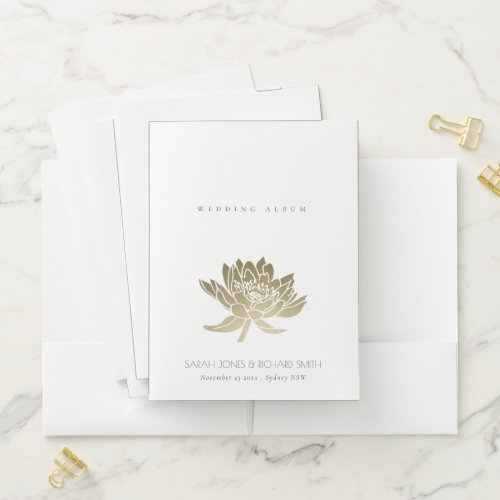 GLAMOROUS PALE GOLD WHITE LOTUS FLORAL MONOGRAM POCKET FOLDER