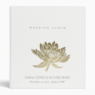 GLAMOROUS PALE GOLD WHITE LOTUS FLORAL  WEDDING 3 RING BINDER