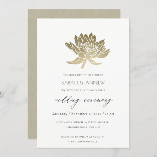 GLAMOROUS PALE GOLD WHITE LOTUS FLORAL WEDDING INVITATION