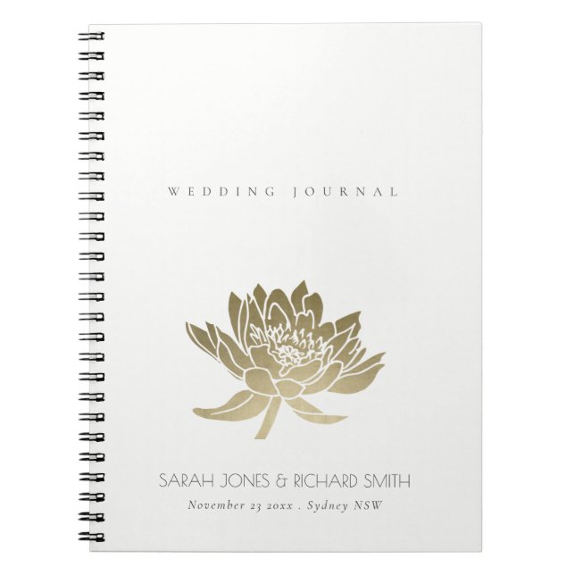 GLAMOROUS PALE GOLD WHITE LOTUS FLORAL WEDDING NOTEBOOK (Front)