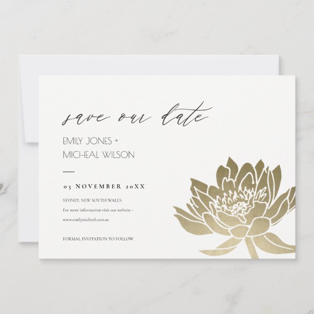 GLAMOROUS PALE GOLD WHITE LOTUS SAVE THE DATE (Front)