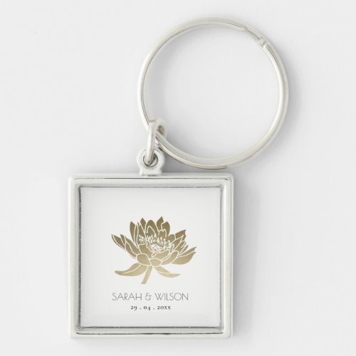 GLAMOROUS PALE GOLD WHITE LOTUS SAVE THE DATE GIFT KEYCHAIN