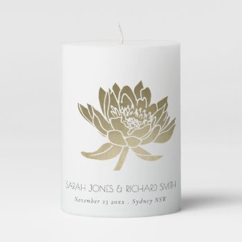 Glamorous Pale Gold White Lotus Save The Date Gift Pillar Candle by TypographyGallery at Zazzle