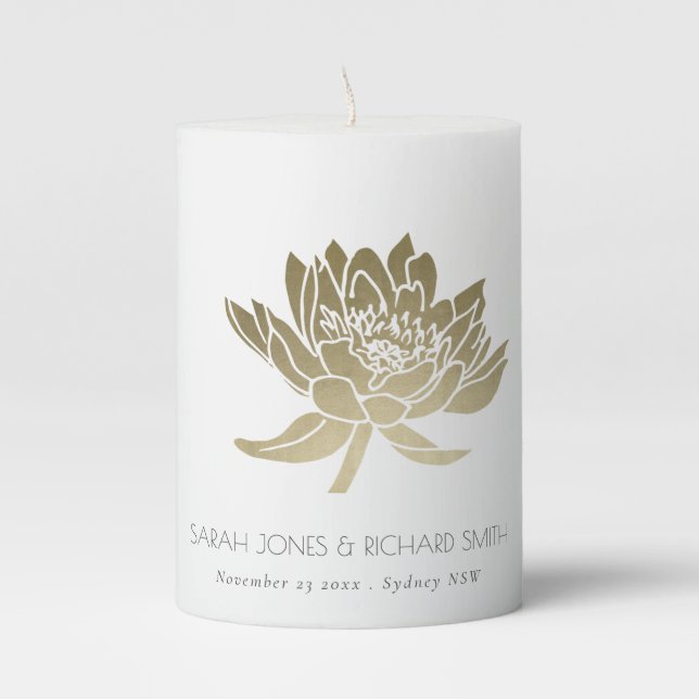 GLAMOROUS PALE GOLD WHITE LOTUS SAVE THE DATE GIFT PILLAR CANDLE (Front)