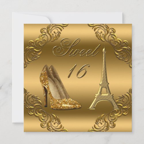 Glamorous Paris Gold Glitter High Heels Sweet 16 Invitation