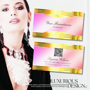 Glamorous Pastel Pink Gold Borders with QR Code Business Card