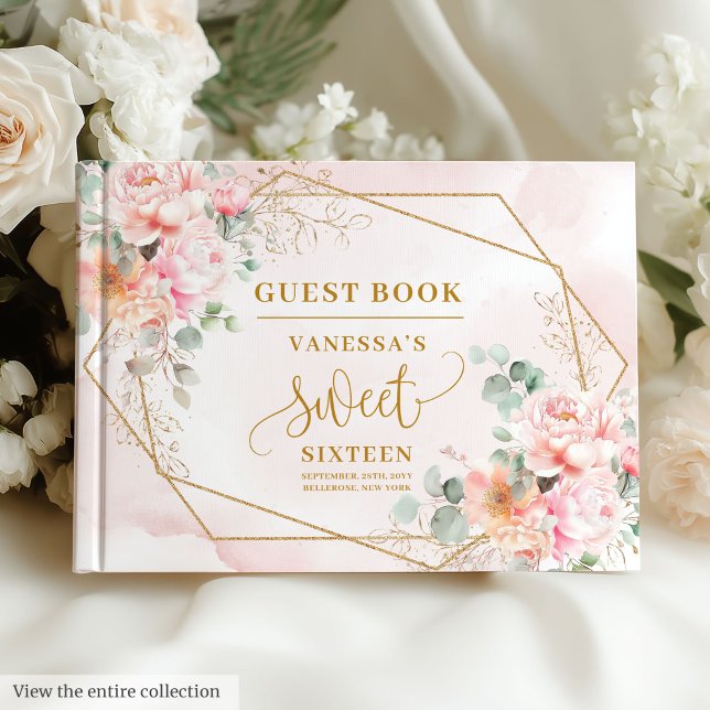 Glamorous Pastel Pink Gold Floral Sweet Sixteen   Guest Book (Glamorous Pastel Pink Gold Floral Sweet Sixteen Guest Book)