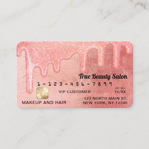 Glamorous Peach Pink Thick Glitter Drips Credit Business Card