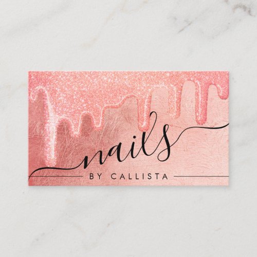 Glamorous Peach Pink Thick Glitter Drips Nails Business Card