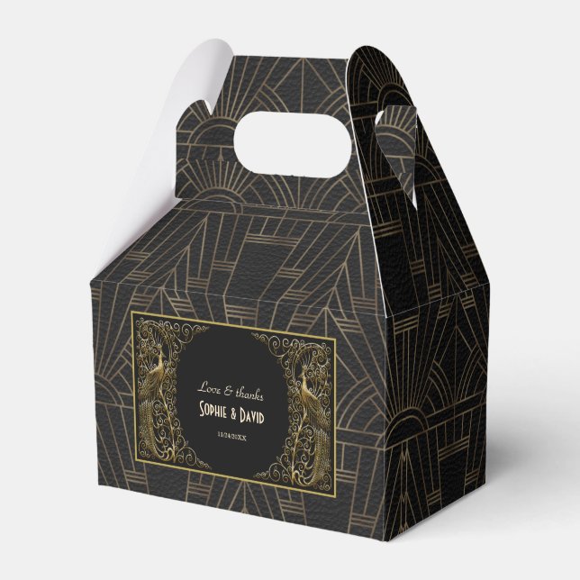 Glamorous Peacock Gold Black Art Deco Wedding Favor Boxes (Front Side)