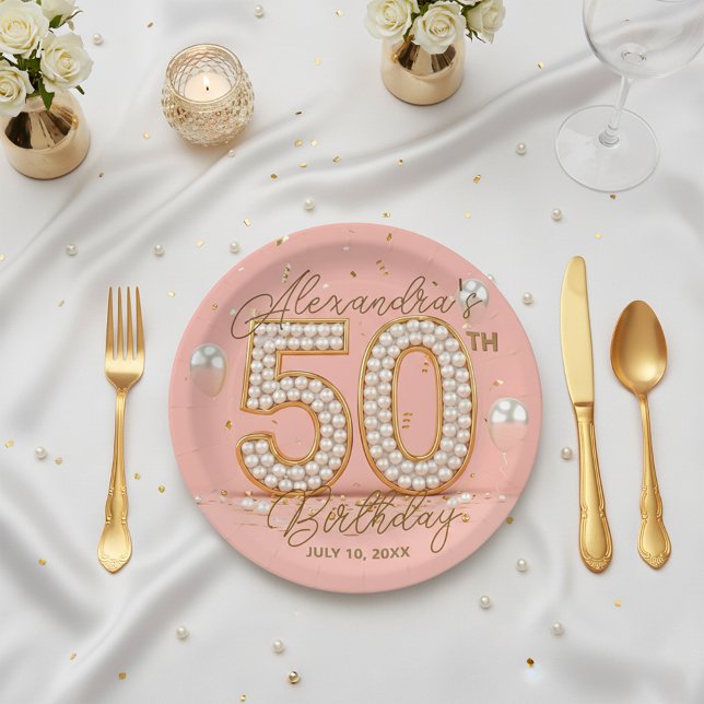 Glamorous Pearl and Gold 50th Birthday Party Paper Plates (Creator Uploaded)