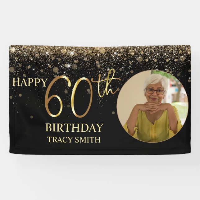Glamorous Photo Black Gold Glitter 60th Birthday Banner (Horizontal)