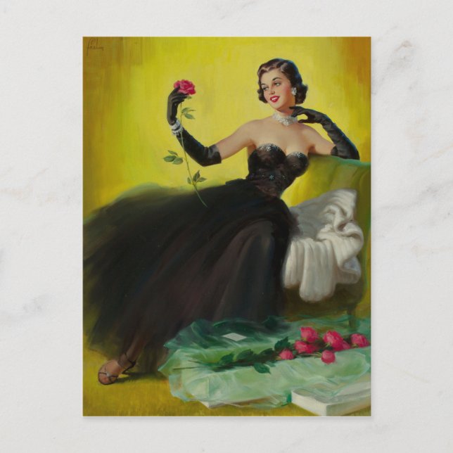 Glamorous Pin-Up with Roses Postcard (Front)