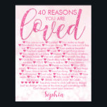 Glamorous Pink 40th Birthday 40 Reasons Why Poster<br><div class="desc">A fabulous custom 40th birthday gift poster. This pink glitter themed design is a gorgeous way to send a heart felt fortieth birthday message. Fill out the poster with 40 reasons you love the recipient. A stylish pink typography on a pale pink backgound - a personalized glamorous design they are...</div>