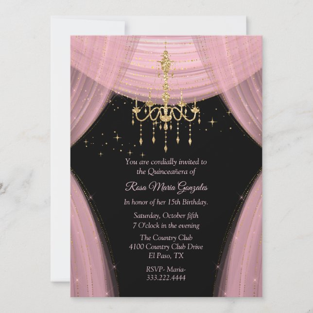 Glamorous Pink and Black Quinceañera Invitation (Front)