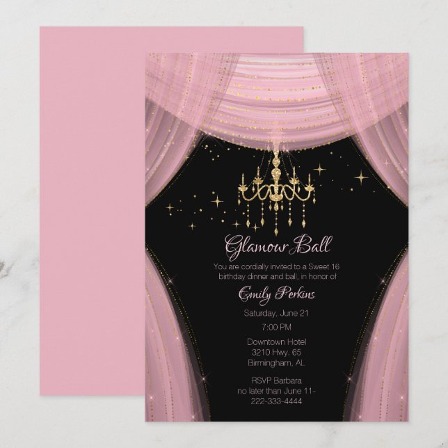 Glamorous Pink and Black Sweet Sixteen Invitation (Front/Back)