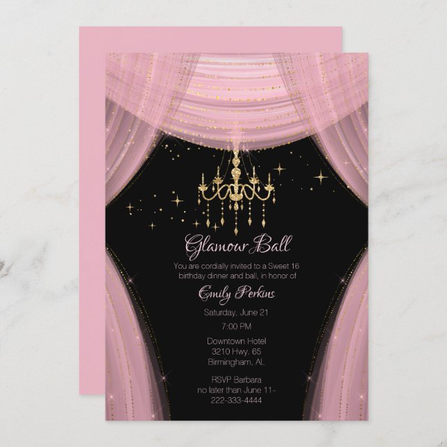 Glamorous Pink and Black Sweet Sixteen Invitation (Front/Back)