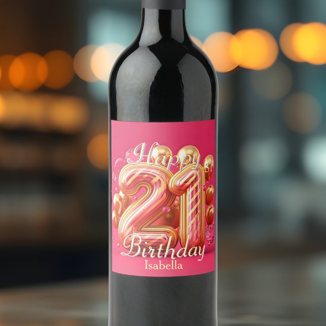 Glamorous Pink and Gold Striped 21st Birthday Wine Label (Creator Uploaded)