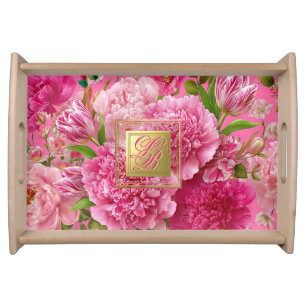 Glamorous Pink and Green Peony Tulip Monogram Serv Serving Tray