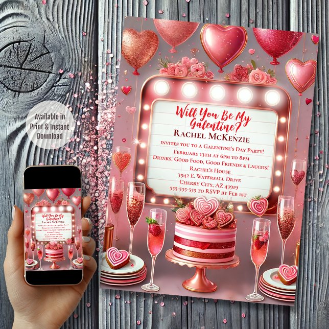 Glamorous Pink and Red Celebration Galentine's Day Invitation (Marquee Galentine's Day)