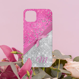 Glamorous Pink and Silver Glittery Monogrammed iPhone 13 Case