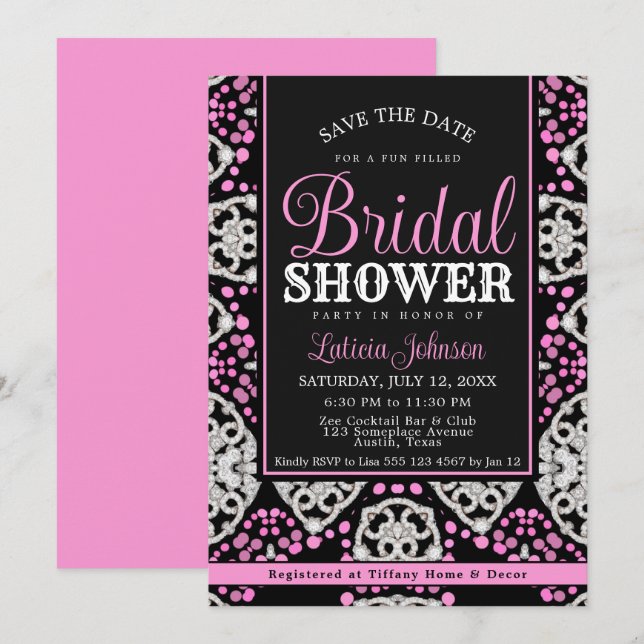 Glamorous Pink Black Diamond Chic Bridal Shower Invitation (Front/Back)