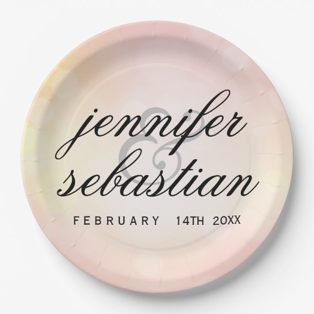 Glamorous Pink Bokeh Light monogram wedding Paper Plates (Front)