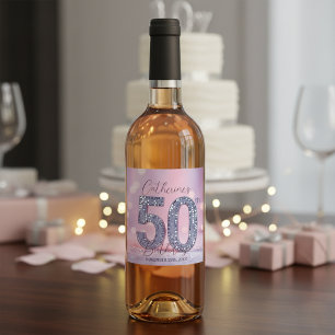 Glamorous Pink Bokeh Silver Sequins 50th Birthday Wine Label
