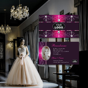 Glamorous Pink Burgundy Ornate Borders Logo & Foto Business Card