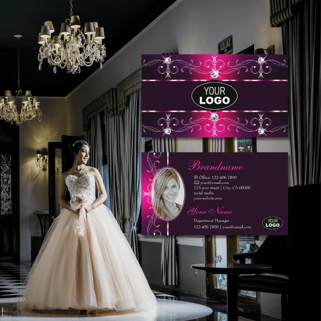 Glamorous Pink Burgundy Ornate Borders Logo & Foto Business Card (Creator Uploaded)