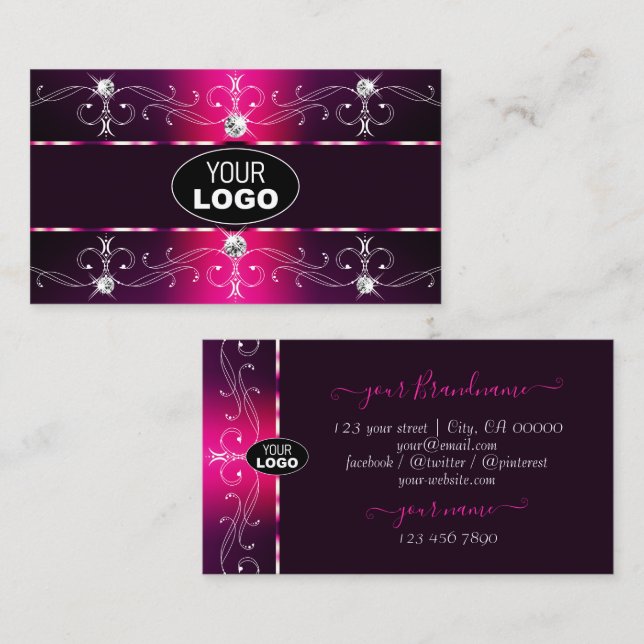 Glamorous Pink Burgundy Ornate Borders with Logo Business Card (Front/Back)