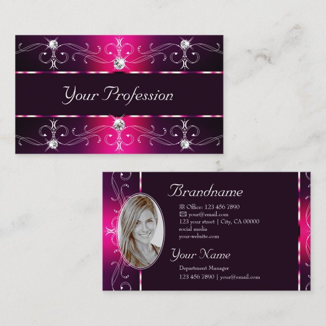Glamorous Pink Burgundy Ornate Borders with Photo Business Card (Front/Back)